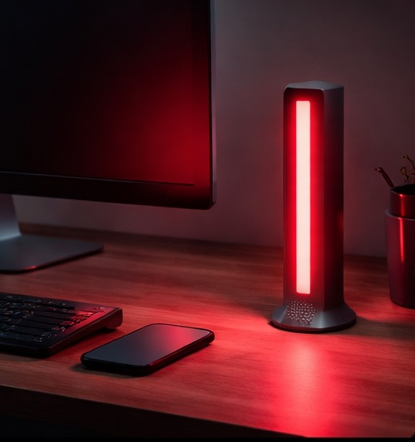 DeepGlows vertical LED bar on a desk, emitting red light